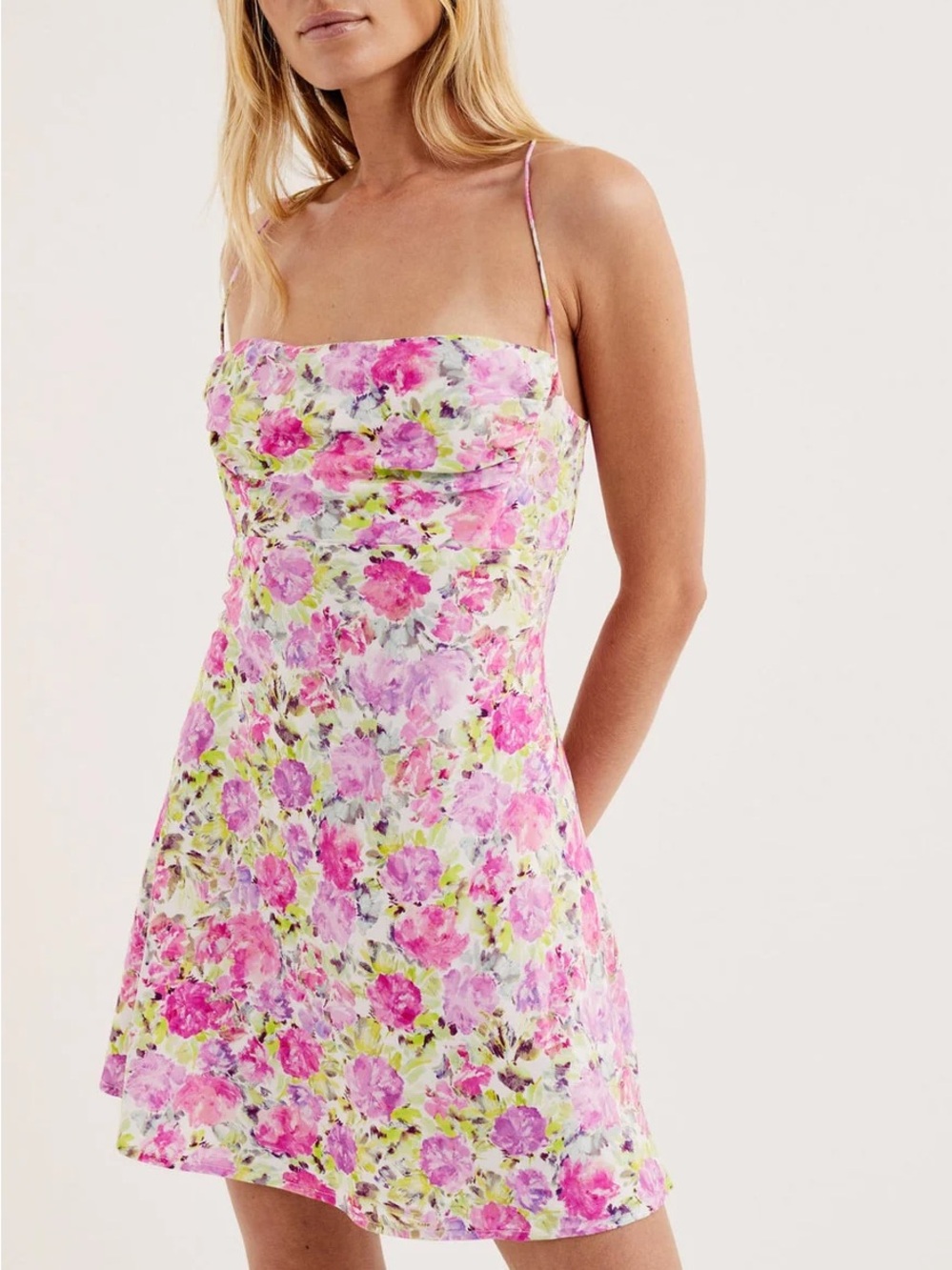 For Love And Lemons Pink Floral Spaghetti-Strap Mini Dress